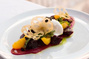 Roasted Beets The Best Italian Burratta, Red Beet Lotus Chip, Orange, Basil, Beet Vinaigrette